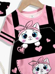 可爱粉色爱心和小猫印花“清凉夏日”少女休闲简约短袖中长连衣裙适合夏天 - 彩色 - 查看 5