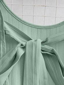 SHEIN Clasi Váy ngắn thường ngày dệt hở lưng buộc dây không tay dáng chữ A viền bèo nhún cho nữ mùa hè - màu xanh lá - Xem 6