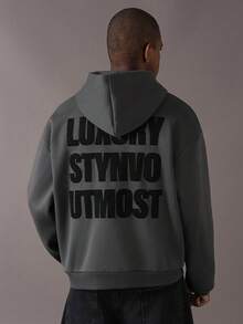 STYNVO 男士休闲宽松标语印花长袖连帽卫衣，秋冬街头风短款印花连帽衫，男士字母印花连帽衫，Manfinity 男士连帽衫，Sumwon 男士连帽衫 - 灰色 - 查看 6
