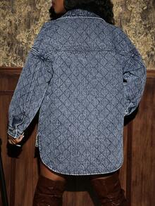 Slaydiva Women's Autumn Plaid Drop Shoulder Long Sleeve Single-Breasted Pocket Loose Casual Denim Blouse - Blue - View 2