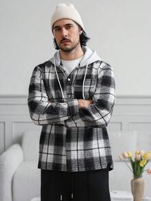 HUEFORM 男士纯棉撞色格子布拼接口袋保暖防寒连帽衫，适合居家生活和日常冬季穿着，长袖上衣 - 彩色 - 查看 4