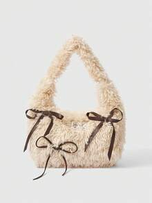 ROMWE Kawaii Fashionable Faux Fur Women's Handbag With Bowknot, Sweet Style Shoulder Bag - Beige - View 1