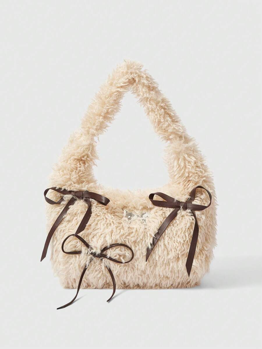 ROMWE Kawaii Fashionable Faux Fur Women's Handbag With Bowknot, Sweet Style Shoulder Bag - Beige - View 1