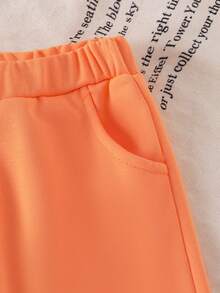 SHEIN Playful Pals 2 件套女婴彩色蝴蝶结刺绣运动衫和橙色裤子套装，时尚秋季服装 - 橘色 - 查看 5