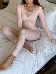 DAZY Lace Patchwork Slim Fit Women Pajama Set, Fall & Winter Clothes - Pink - View 4