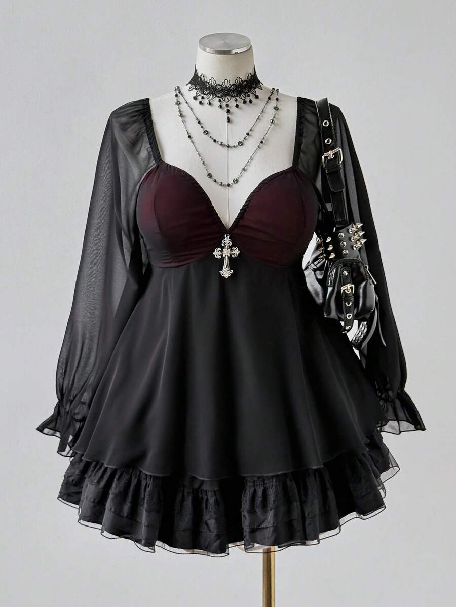 Sunspun Plus Size Contrast Color Ruffle Trim Long Sleeve Shirt Fall - Black - View 1