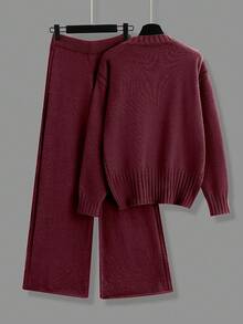 SHEIN LUNE 2件套纯色针织毛衣和裤子套装，休闲百搭，适合秋冬 - 酒紅色 - 查看 2