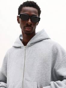 SUMWON 超大款全拉链连帽衫，带中央口袋和抽绳帽，长袖休闲卫衣外套，纯色 - 灰色 - 查看 3