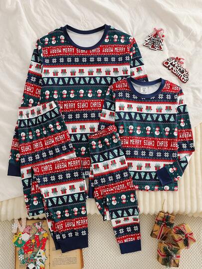 Men's Snowman Print Crew Neck Long Sleeve Top And Pants Pajama Set