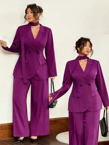 Vionelle Plus Size Women's New Suit Set, Elegant Commuter Suit 2 Pieces Set, Casual Business Outfit, Loose Lapel Long Sleeve Blazer And Straight Elastic Waist Pants 2 Pieces Suit Women Classy Women Suit Women Purple Suit Office Outfits For Women Set Pant Suit Set