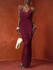 Veslaya Plus Size Solid Color Minimalist Sleeveless Sweater Dress - Burgundy - View 8