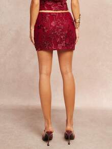 Silquee Elegant Burgundy Floral-Embroidered Mini Skirt For Women,Autumn 3D Flower Design Party Attire For Wedding Guest,Christmas,Valentine's Day Gowns - Burgundy - View 2