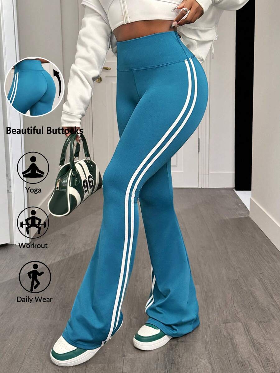 Slaydiva Quần thể thao ống rộng cạp cao đơn giản màu trơn chắp vá dành cho nữ - Màu xanh ngọc - Xem 1