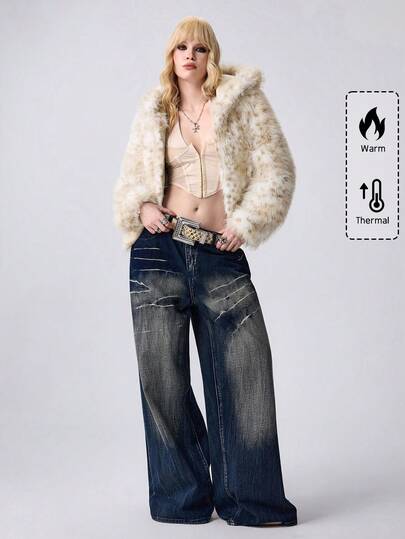 ROMWE Fairycore Women's Fashionable Zip-Up Hooded Faux Fur Jacket, Autumn/Winter