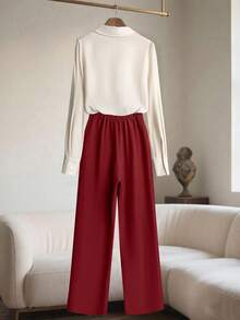 SHEIN LUNE 女士纯色长袖单排扣衬衫搭配褶裥阔腿裤休闲套装 - 紅色 - 查看 2