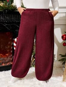 Enliva Plus Size Women's Red Corduroy Pants, With Pockets And Elastic Waist, Autumn/Winter, Compatible With Apple Rounded Body Shape, Valentine's Day, Love, Gift, Romance, Happy Valentine's Day,2026,New Year - Burgundy - View 5