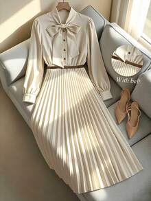 GlowEve Váy dài tay ôm cổ màu mơ thanh lịch dành cho nữ, có thắt lưng nơ và thiết kế xếp ly - Màu be - Xem 1