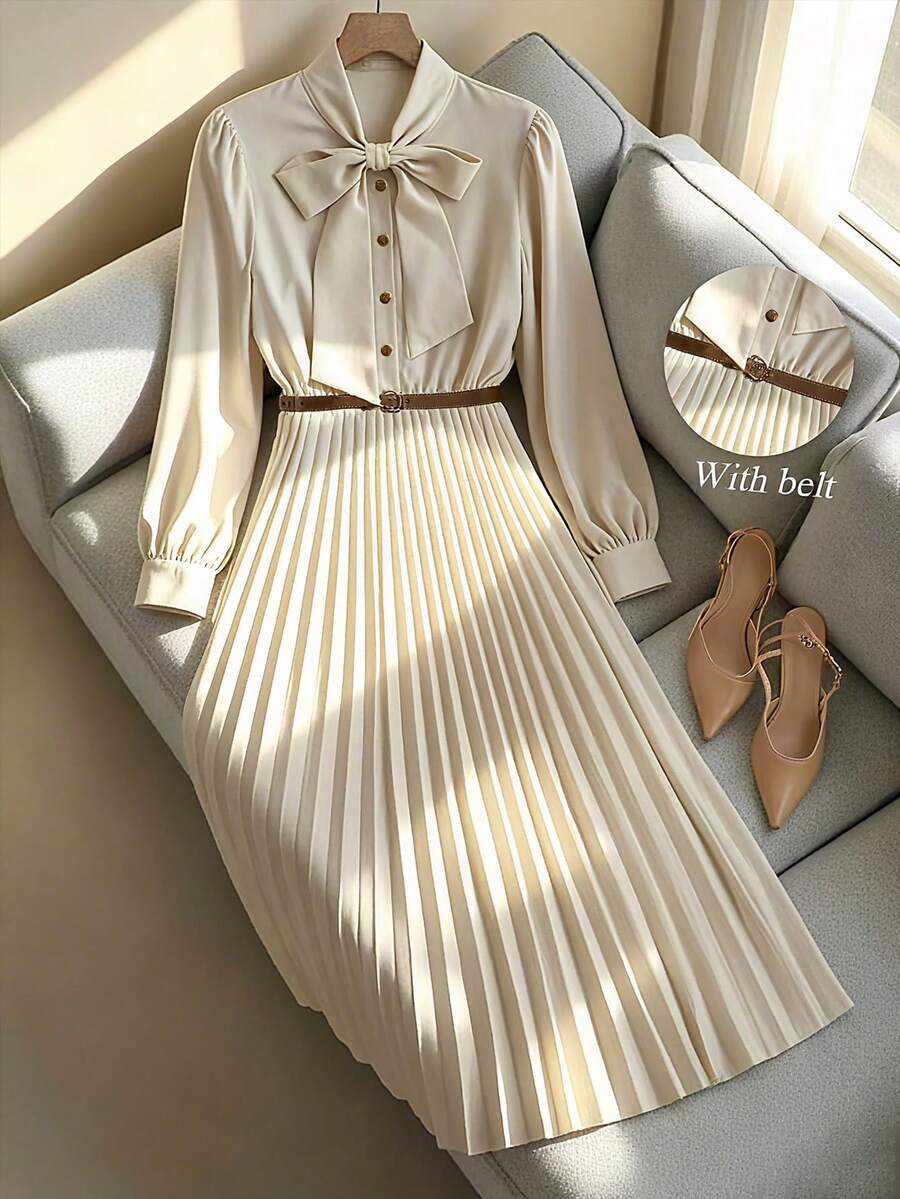 GlowEve Váy dài tay ôm cổ màu mơ thanh lịch dành cho nữ, có thắt lưng nơ và thiết kế xếp ly - Màu be - Xem 1