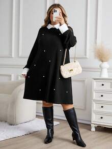 SHEIN CURVE+ LUNE 大码春秋休闲拼色串珠装饰连衣裙冬装，有袖连衣裙，黑色长袖连衣裙，感恩节连衣裙 - 黑色 - 查看 6