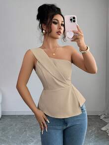 Elenzga Camiseta sin mangas de unicolor con bajo asimétrico para uso diario en verano - Caqui - Ver 5