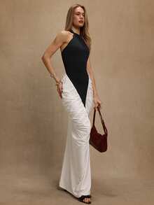 SHEIN BAE Women's Black & White Patchwork Halter Neck Sleeveless V-WaisRucheded Fishtail Hem Elegant Dress, Suitable For Romantic Dates, Banquets, Elegant Outings, Parties, Wedding Guest Dresses,  Holiday Dresses,Birthday Dress