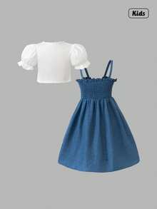 Sweetra Mädchen Sommer Neuer minimalistischer Trägerkleid Schleife verziert Latzhose Kleid mit Volant Ärmel Top, vintage elegantes niedliches Kleid - Verschiedenfarbig - Übersicht 2