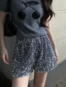 DAZY 女士亮片休闲短裤，韩式嘉年华风格 - 灰色 - 查看 5