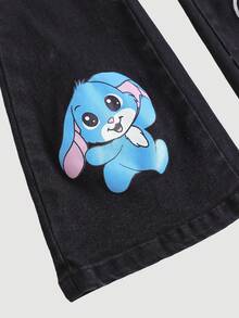 SHEIN Young Girl Y2k Cartoon Rabbit Print Black Stretch Flare Leg Jeans, Cute Print Jeans,Fall,Winter,Casual And Fashionable Vacation,Children's Party,Street Wear,2000s Style, Christmas - Black - View 4