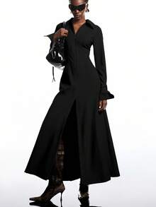 LYSMO Women's Solid Color Slit Dress, Suitable For Commuting - Black - View 5