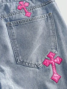 ROMWE MEN Street Life Men's Cross Embroidered Layered Denim Jeans - Light Wash - View 6