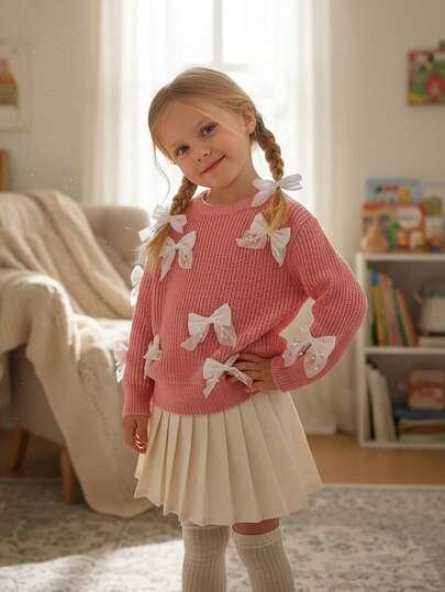 SHEIN Sparklyn Young Girl Casual Bow Decor Round Neck Long Sleeve Sweater, Autumn/Winter