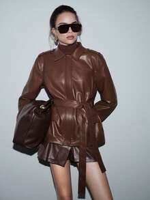 Lumivelle Women's Winter Jacket Fashion Series, Collar, Waist Tie, Pockets, Faux Leather PU Short Coat - Brown - View 6