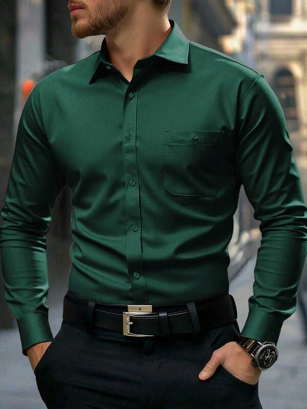 Manfinity Bizformal Camisas de vestir para hombres, de manga larga, de un solo color, con estiramiento y sin arrugas, camisas formales de negocios y casual con botones