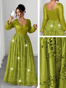 Elenzga 大码亮片珍珠V领优雅纯色长袖连衣裙 - 綠色 - 查看 1