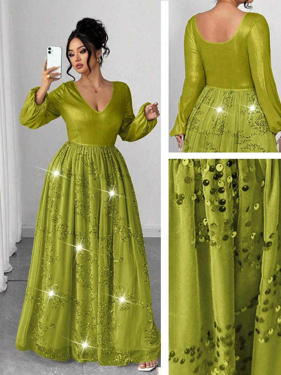 Elenzga 大码亮片珍珠V领优雅纯色长袖连衣裙 - 綠色 - 查看 1