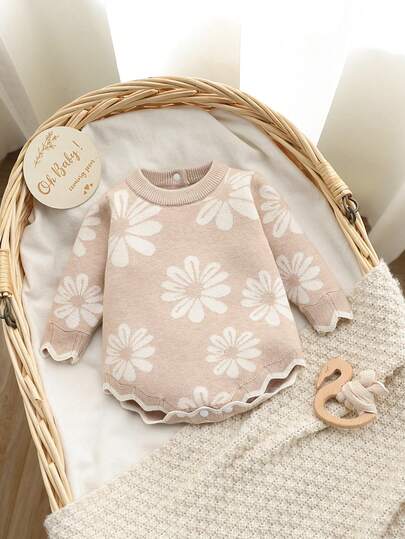 SHEIN 女婴花卉提花针织衫，柔软舒适，适合春秋季日常穿着，也适合户外活动、旅行、度假、居家、托儿所和玩耍时穿着。