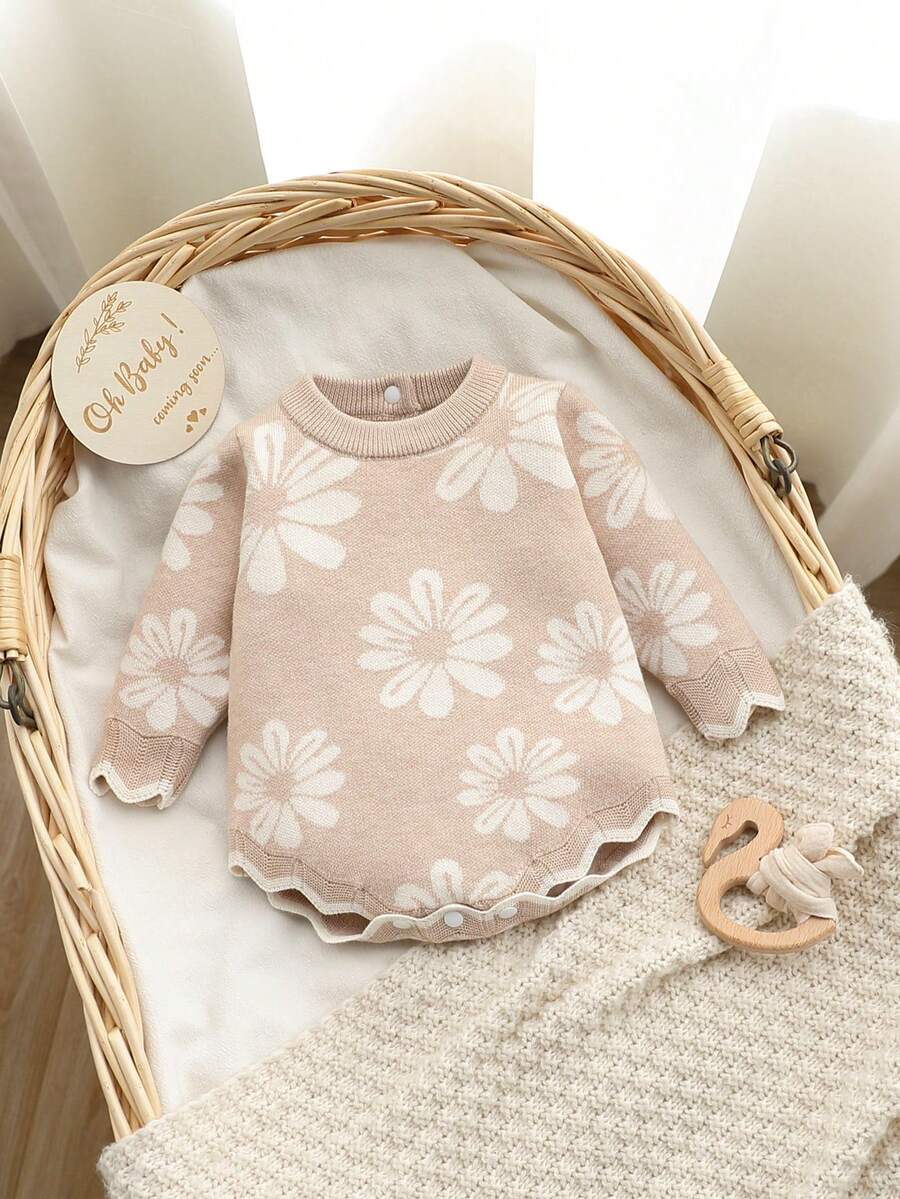 SHEIN 女婴花卉提花针织衫，柔软舒适，适合春秋季日常穿着，也适合户外活动、旅行、度假、居家、托儿所和玩耍时穿着。 - 淺粉色 - 查看 1