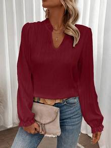 EMERY ROSE Camisa de manga larga elegante de cuello con muesca de unicolor para oficina, con patrón floral aleatorio - Burdeos - Ver 3