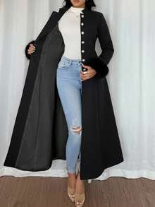 Rafferiza Elegant Solid Color Cinched Waist Overcoat, Autumn/Winter - Black - View 4