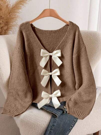 Franclia Suéter holgado con decoración de lazo, de manga larga y hombros caídos para mujer, otoño/invierno