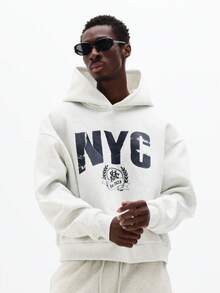 SUMWON Boxy Fit NYC Distressed Print Pullover Hoodie With Drawstring Hood And Centre Pocket Casual - Light Grey - View 4