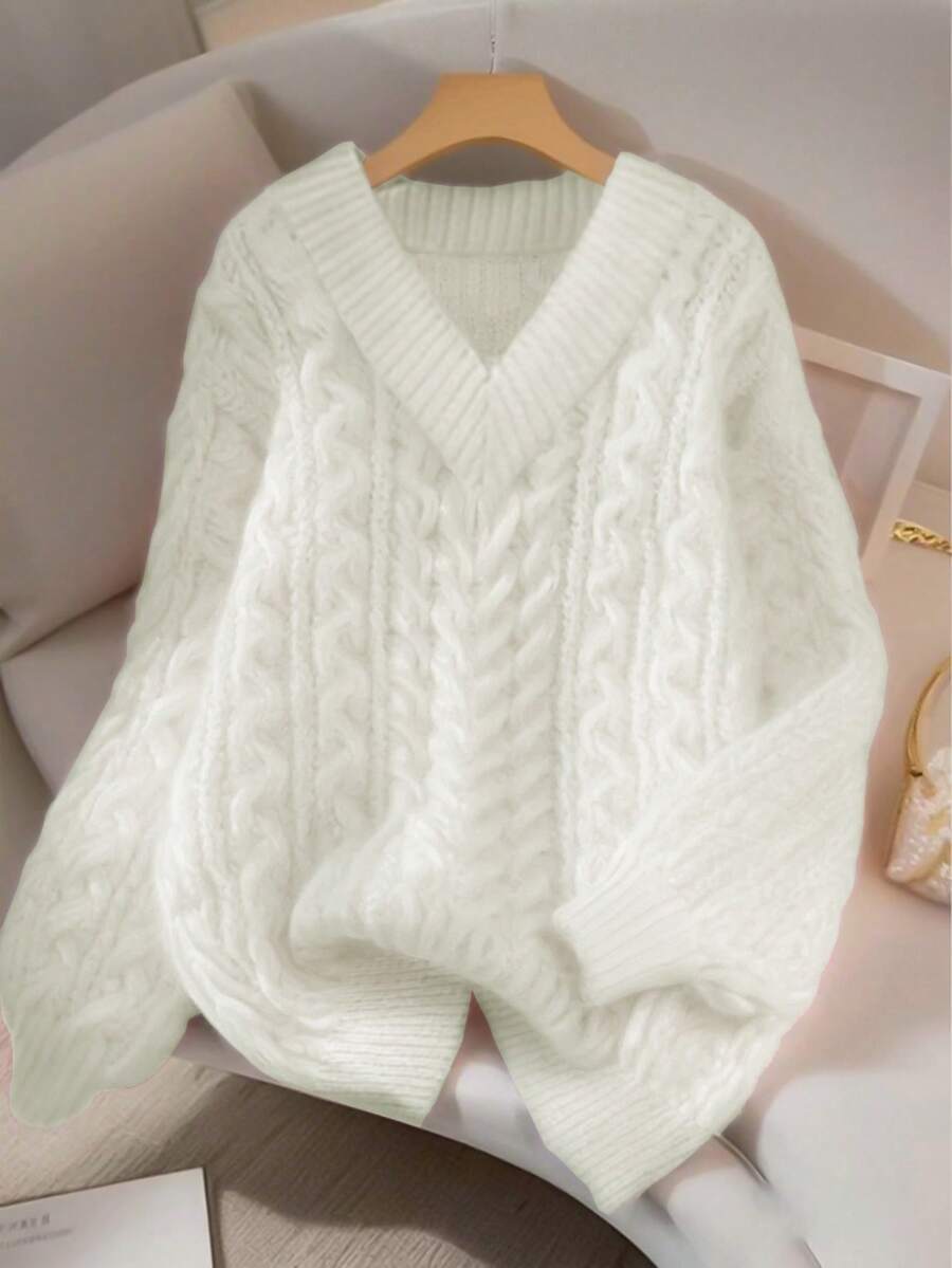 Franclia 新款宽松、柔软、甜美粉色超大V领粗麻针织套头衫，独特设计，百搭 - 白色 - 查看 1