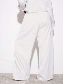 MUSERA 大码系带松紧腰直筒毛边缎面长裤，适合外出、夜生活、性感、凸显曲线、生日、魅力派对、聚会、新年夜、夏季休闲场合。 - 白色 - 查看 5