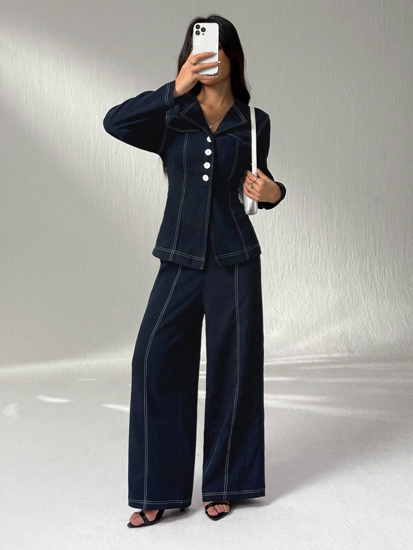 SHEIN PETITE مجموعة من قطعتين: قميص كاجوال بياقة م...