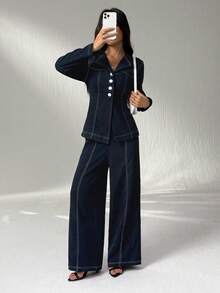 SHEIN PETITE 2 件套：女士秋装秋季休闲翻领纽扣前长袖衬衫和休闲长裤，教师装，适合日常穿着女士裤子套装两件套裤子女士 - 藏蓝色 - 查看 1