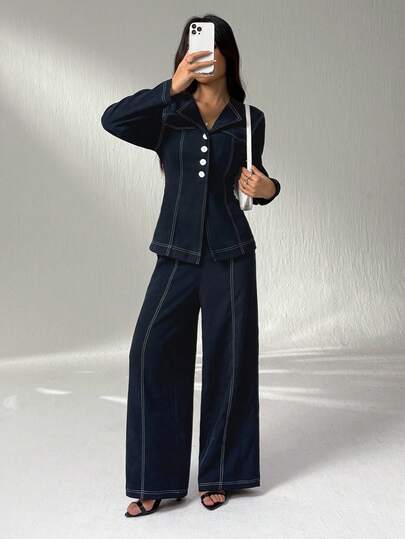 SHEIN PETITE 2 件套：女士秋装秋季休闲翻领纽扣前长袖衬衫和休闲长裤，教师装，适合日常穿着女士裤子套装两件套裤子女士