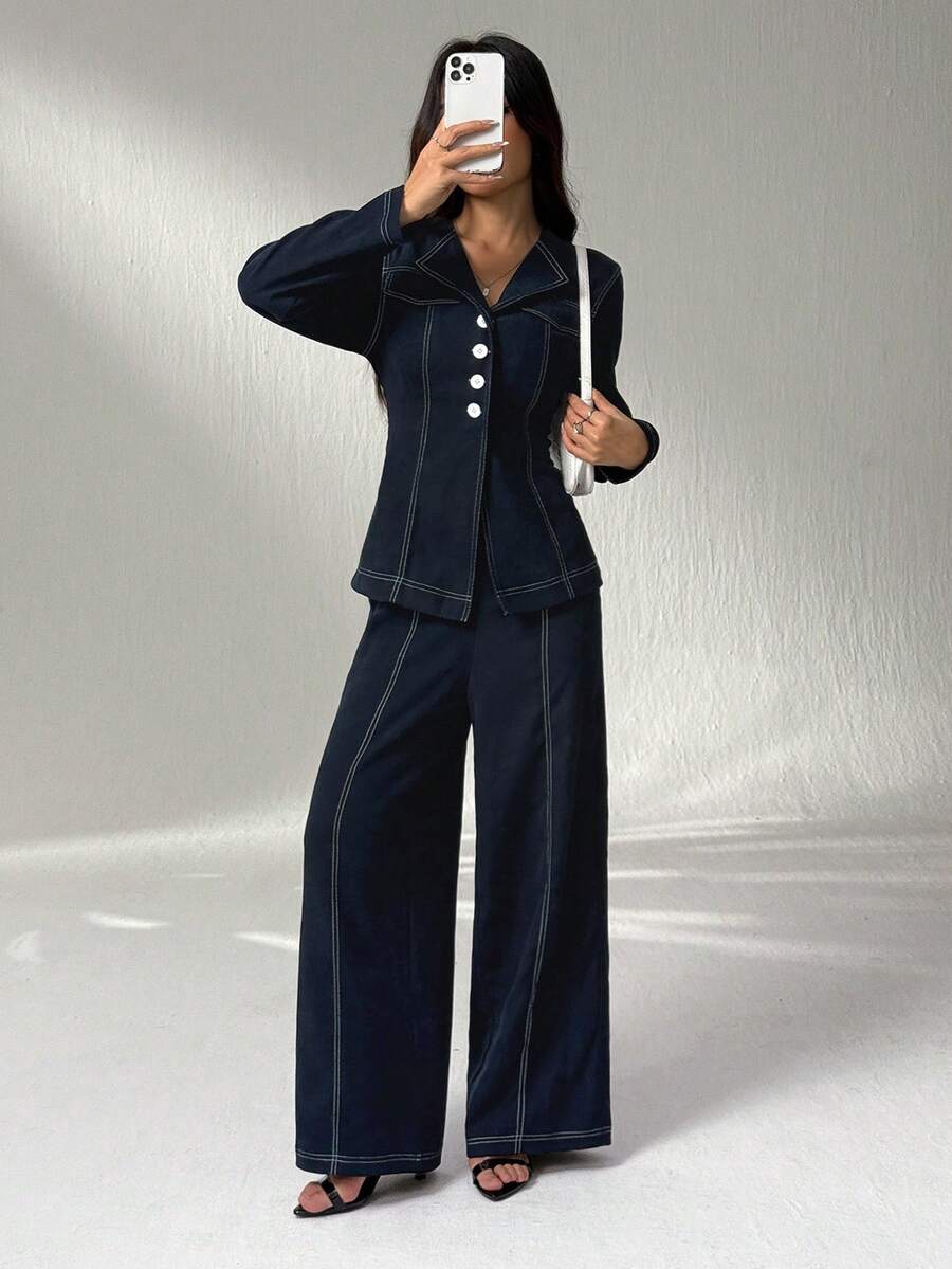 SHEIN PETITE 2 件套：女士秋装秋季休闲翻领纽扣前长袖衬衫和休闲长裤，教师装，适合日常穿着女士裤子套装两件套裤子女士 - 藏蓝色 - 查看 1