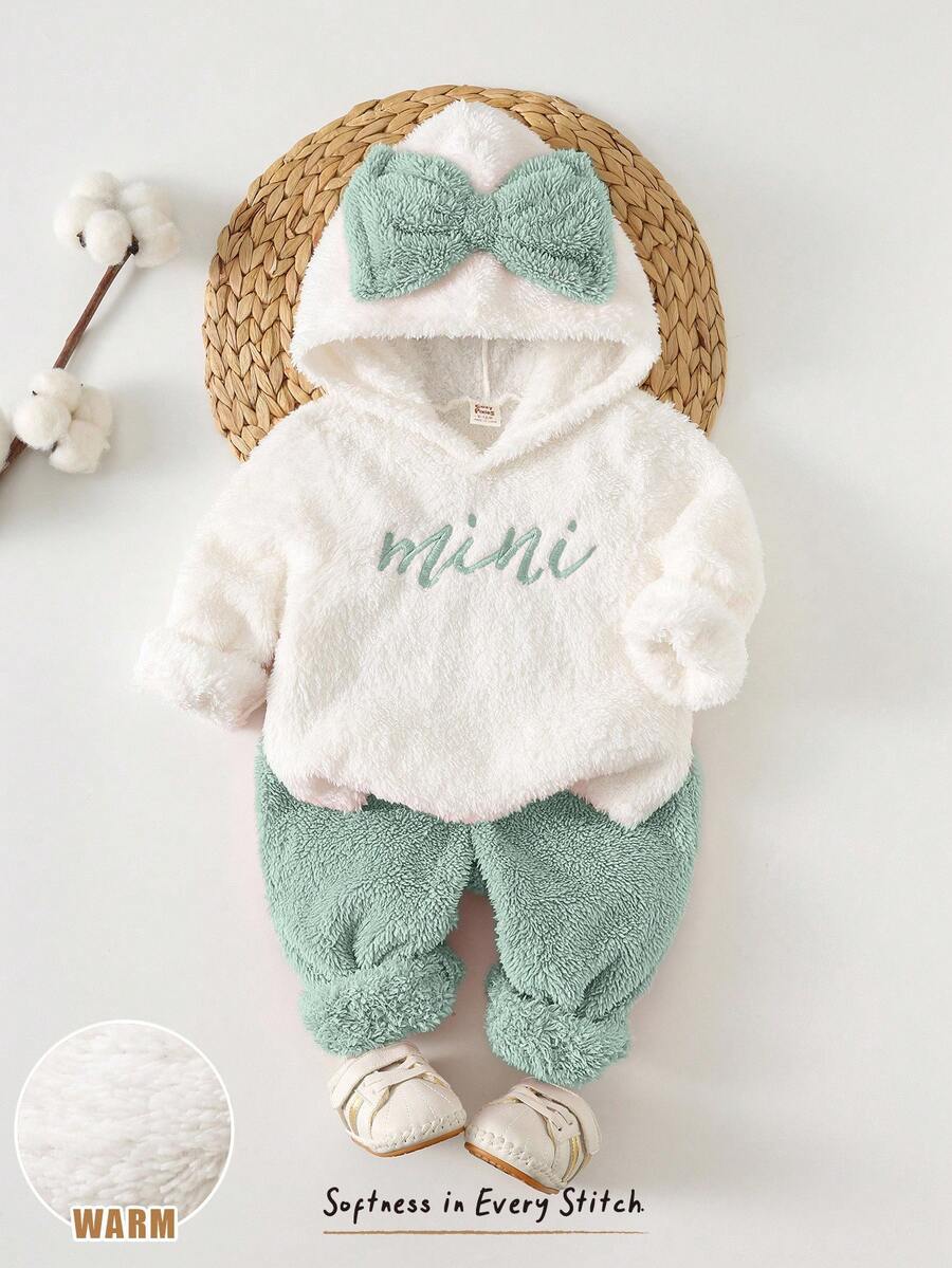 Cozy Pixies 女宝宝可爱简约休闲撞色卫衣套装,蝴蝶结套装,迷你套装,萌趣套装,适合冬季和秋季,带帽运动服套装,粉色蝴蝶结连帽套装,女宝宝冬季服装,迷你刺绣套装,可爱休闲舒适女宝宝套装,女宝宝蝴蝶结套装,返校季,日常穿着,圣诞节,万圣节 - 綠色 - 查看 1