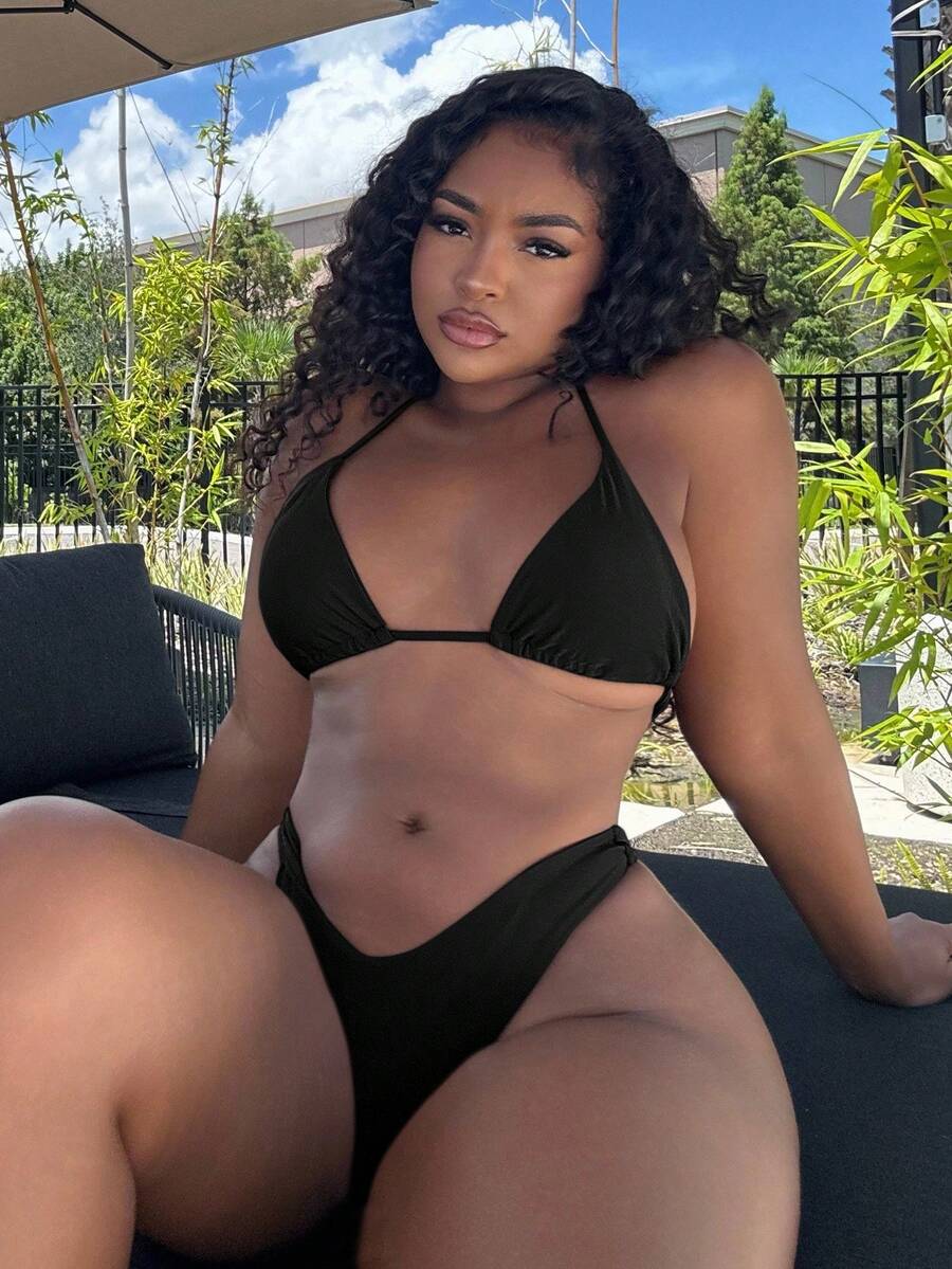 Alexandranx V-Neck Halter Bikini Set, Two Pieces Swimwear Bathing Suit Beach Outfit Summer Vacation,Summer Beach - Black - View 1