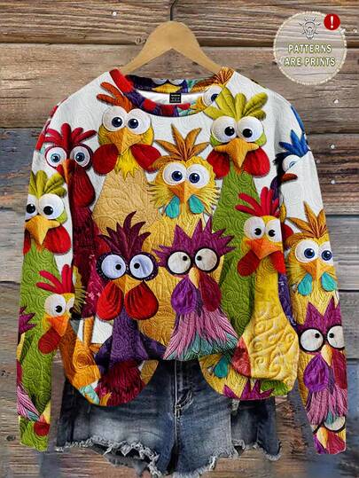 SHEIN LUNE Casual Minimalist Chicken Print Pattern Round Neck Loose Fit Women Sweatshirt, Autumn/Winter, Christmas
